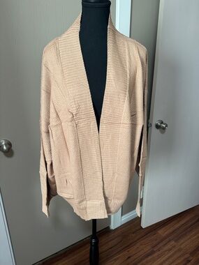 Open-Front Beige Knit Cardigan with Shawl Collar